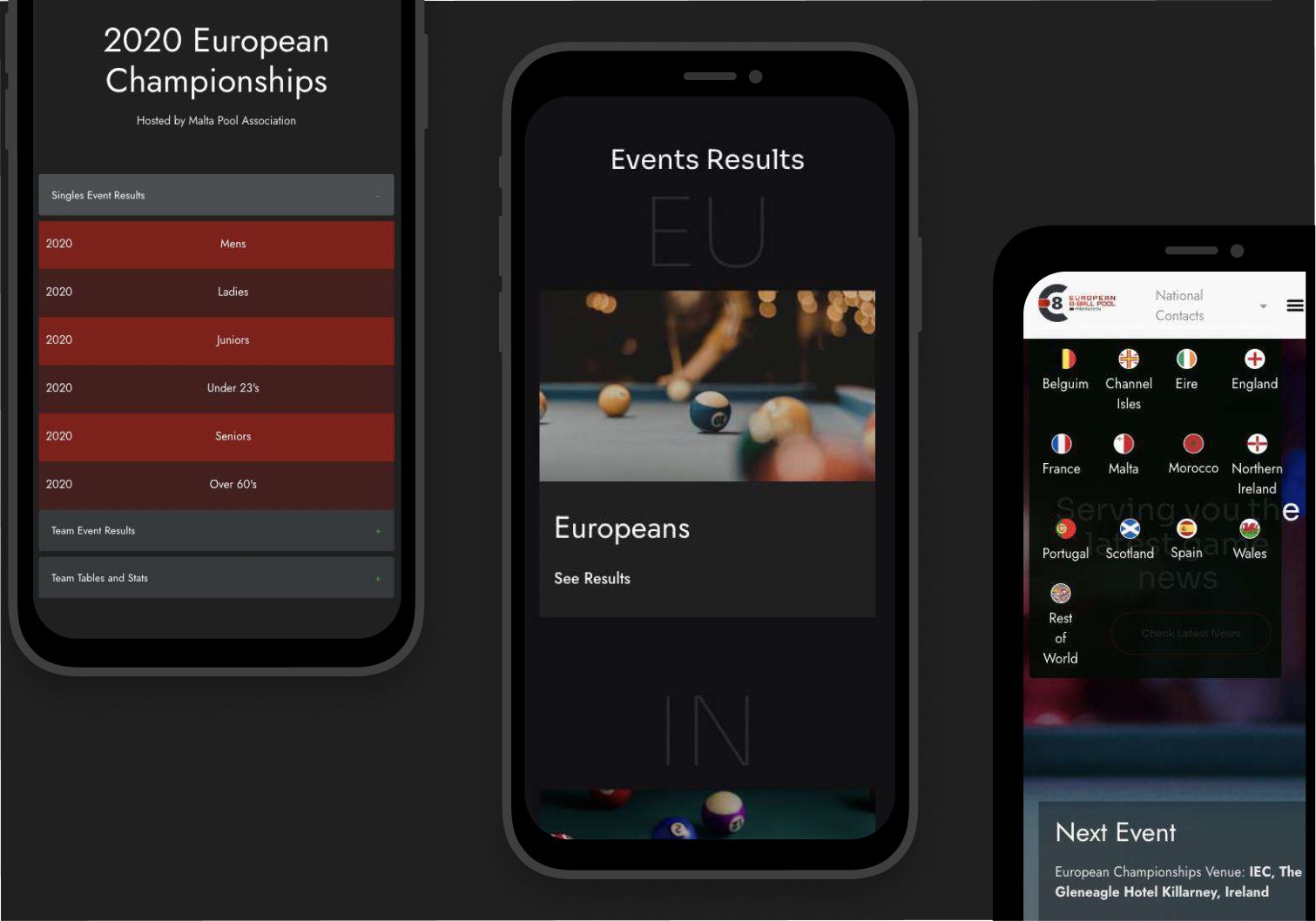 Euro 8 Ball federation website — mobile view.