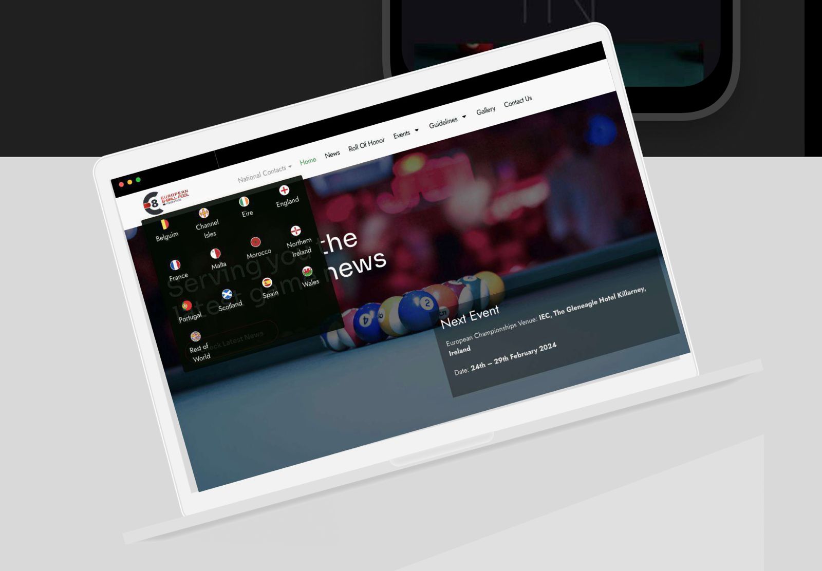 Euro 8 Ball federation website — desktop view of the redesigned homepage.