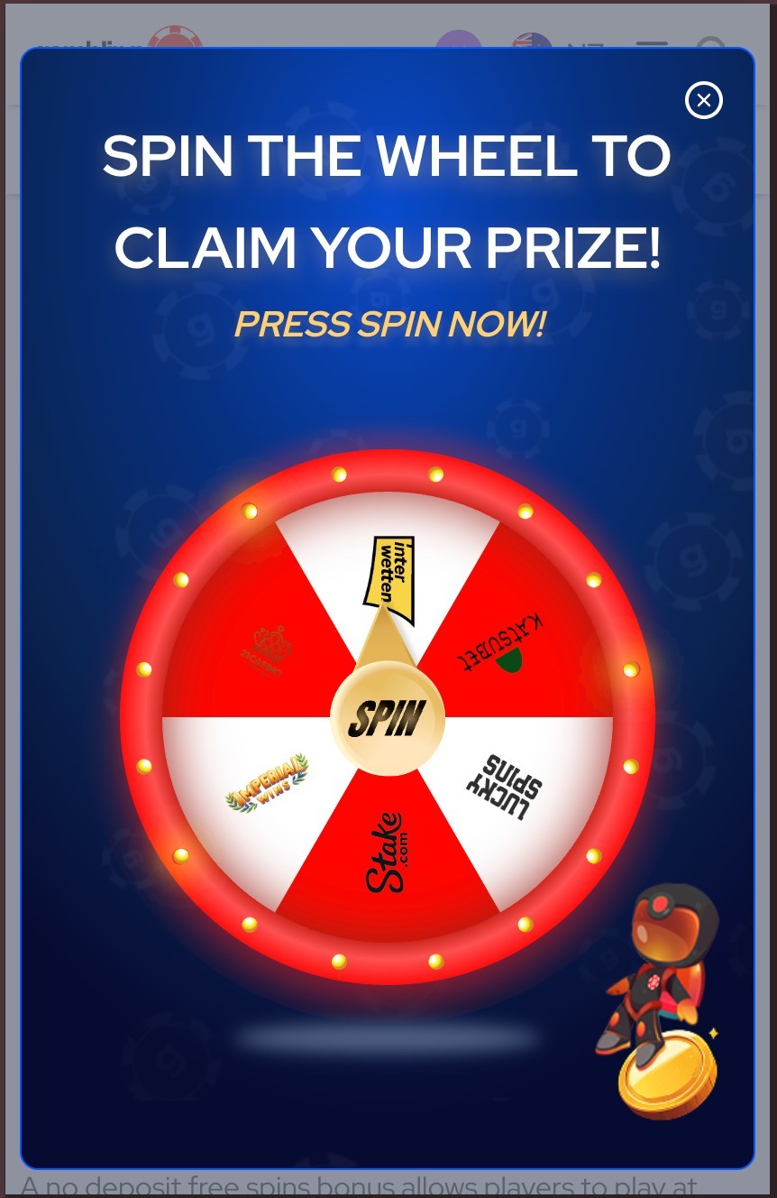 Spin wheel modal — live on gambling.com NZ