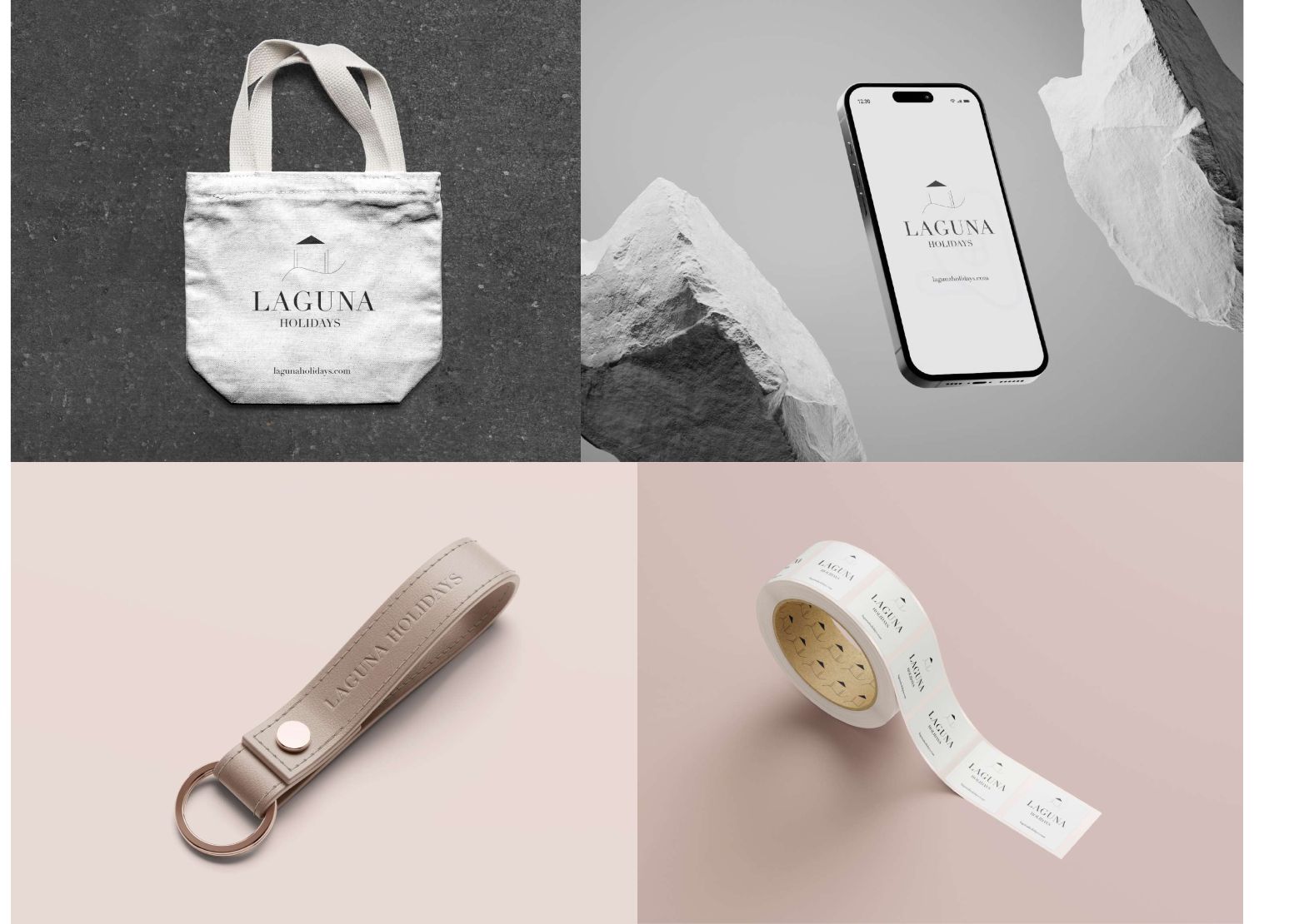 Laguna Holidays brand identity board — logo, palette, typography, and imagery applied across touchpoints.