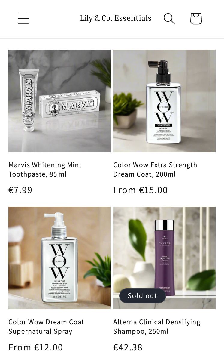 Lily & Co. Essentials — Shopify mobile homepage view.