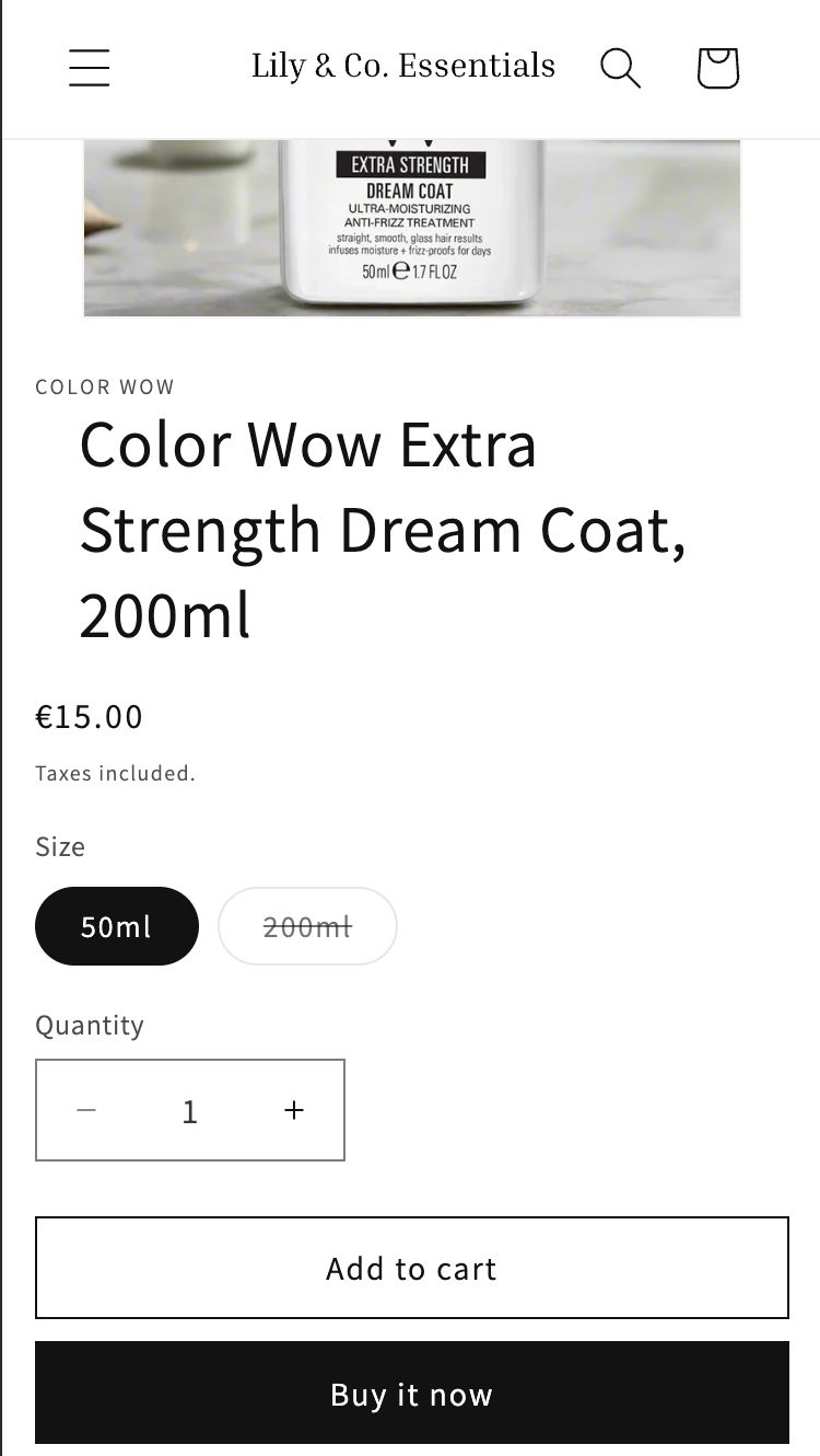 Lily & Co. Essentials — Shopify mobile products page view.