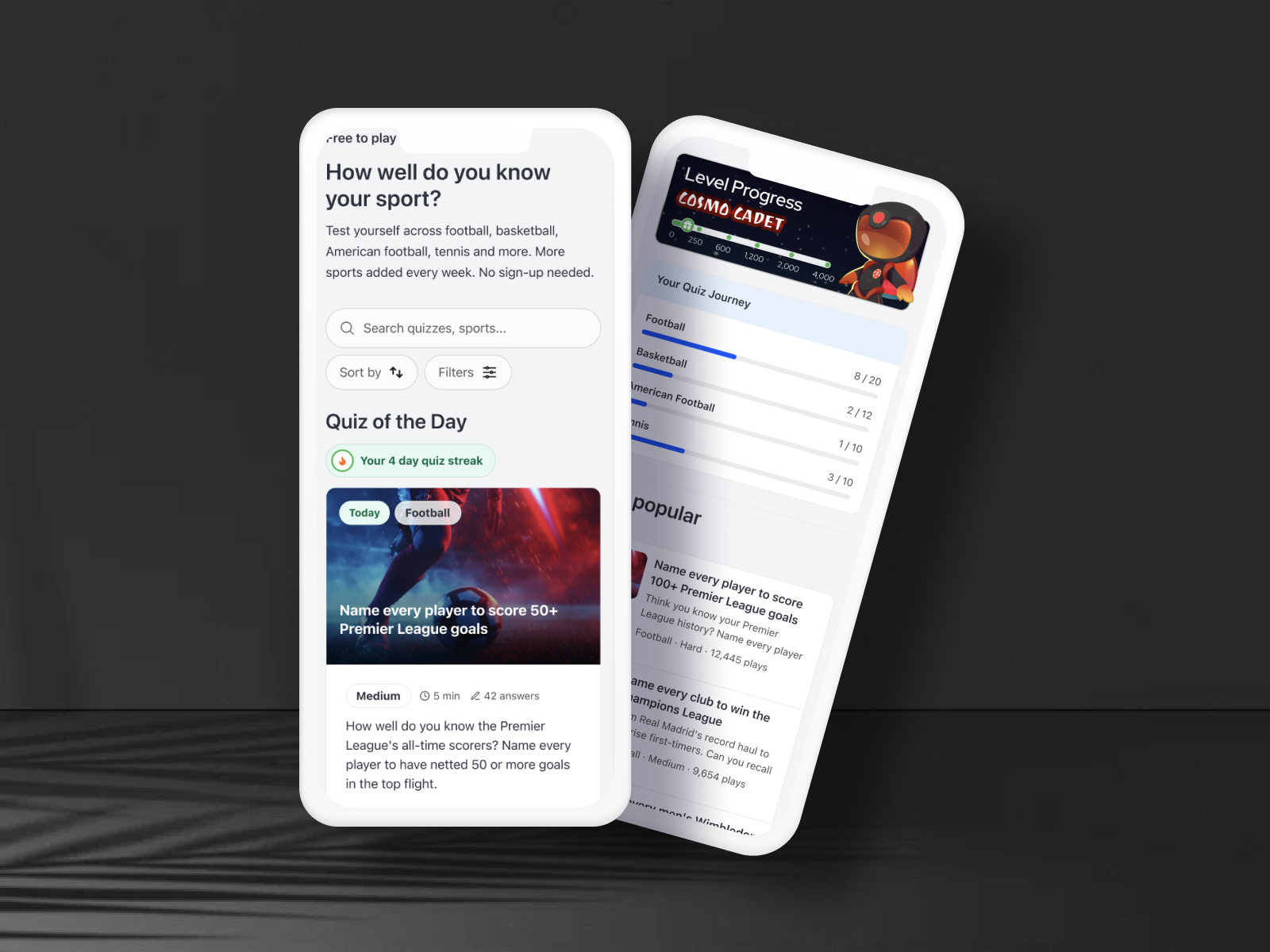 Sports Quiz Hub — final mobile view after iterative edits with Claude Code and VS Code inspection.