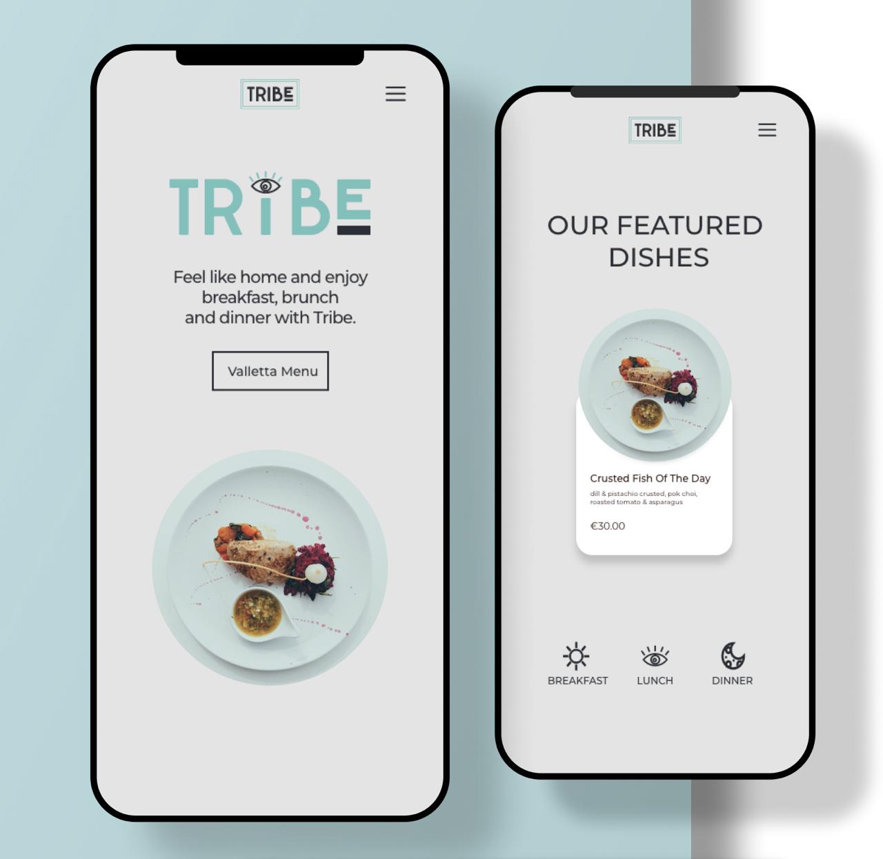Tribe Restaurant mobile view — homepage and booking flow.